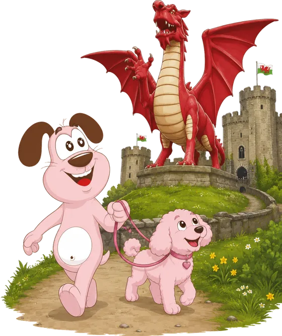 Marley the MyWaggyTails mascot walking a dog beside a Welsh castle and red dragon