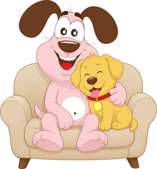 Marley the MyWaggyTails mascot hugging a happy dog on the sofa