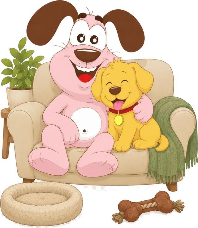 Marley the MyWaggyTails mascot relaxing on the sofa with a boarding dog