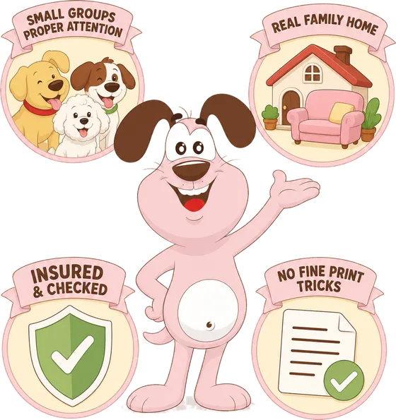 Marley the MyWaggyTails mascot presenting our four promises: small groups, a real family home, insured and checked, no fine print tricks