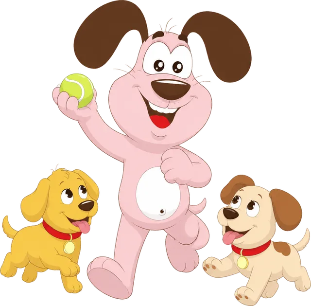 Marley the MyWaggyTails mascot playing catch with two day care dogs