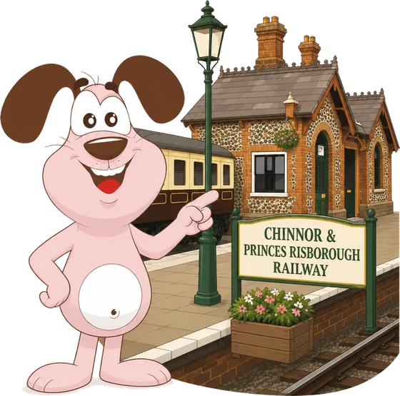 Marley the MyWaggyTails mascot in front of Princes Risborough railway station