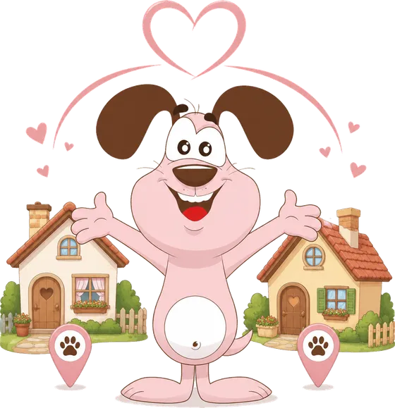 Marley the MyWaggyTails mascot pointing to our two locations, Chinnor in Oxfordshire and Beddau in South Wales