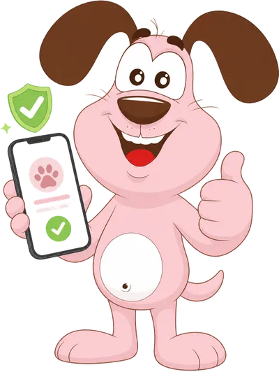 Marley the MyWaggyTails mascot showing a verified pet profile on a phone