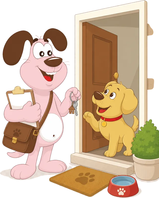 Marley the MyWaggyTails mascot arriving at a front door for a pet home visit