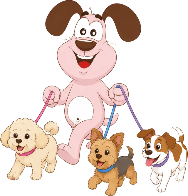 Marley the MyWaggyTails mascot walking three happy dogs on leads