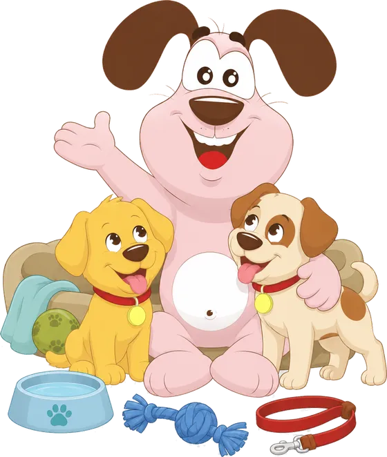 Marley with two dogs and a basket of their favourite toys
